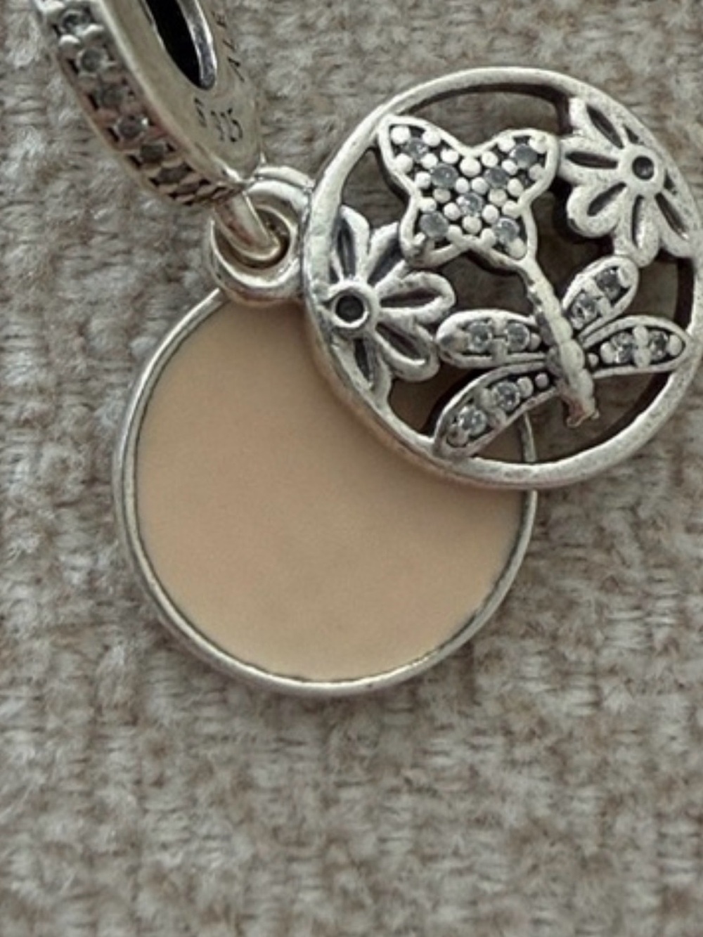 Pandora Silver Floral Dragonfly Charm with Beige Enamel Disc